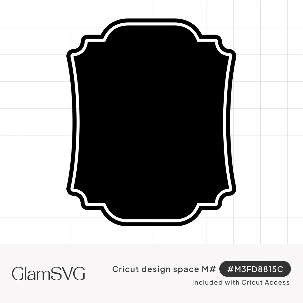 Black vintage label shape with notched scalloped corners and a thin white inner outline