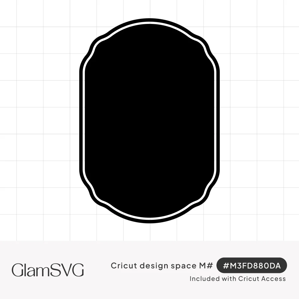 Solid black tall oval label shape with scalloped top and bottom edges and a thin white inset outline