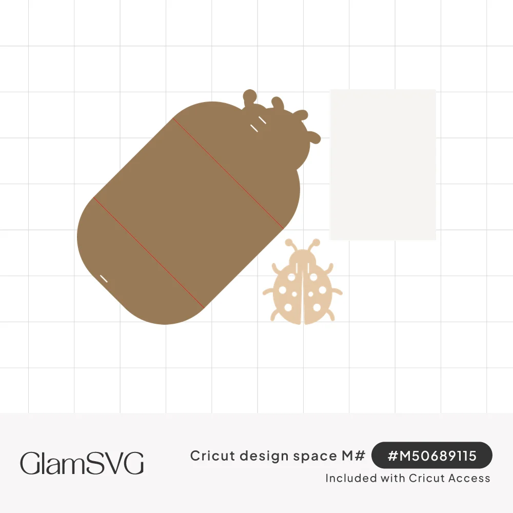 Ladybug-shaped gatefold card template with dashed score lines, a white rectangle insert and a small spotted ladybug piece