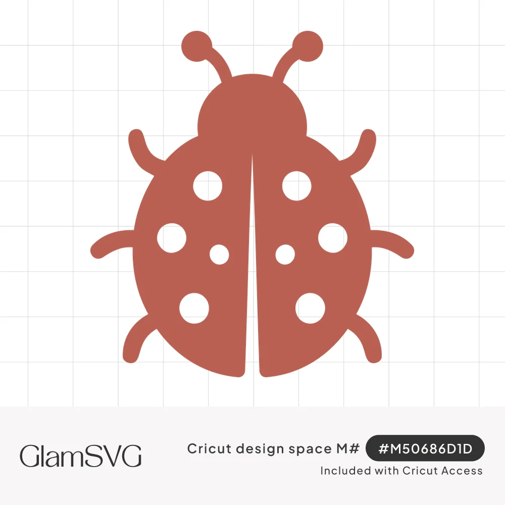 Solid rust-red ladybug silhouette with curled antennae, six legs and white polka dot cutouts on a split shell