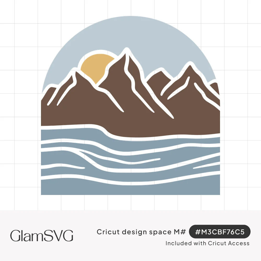 Arch-shaped scene of brown mountain peaks with a golden sun behind them above wavy blue lake water