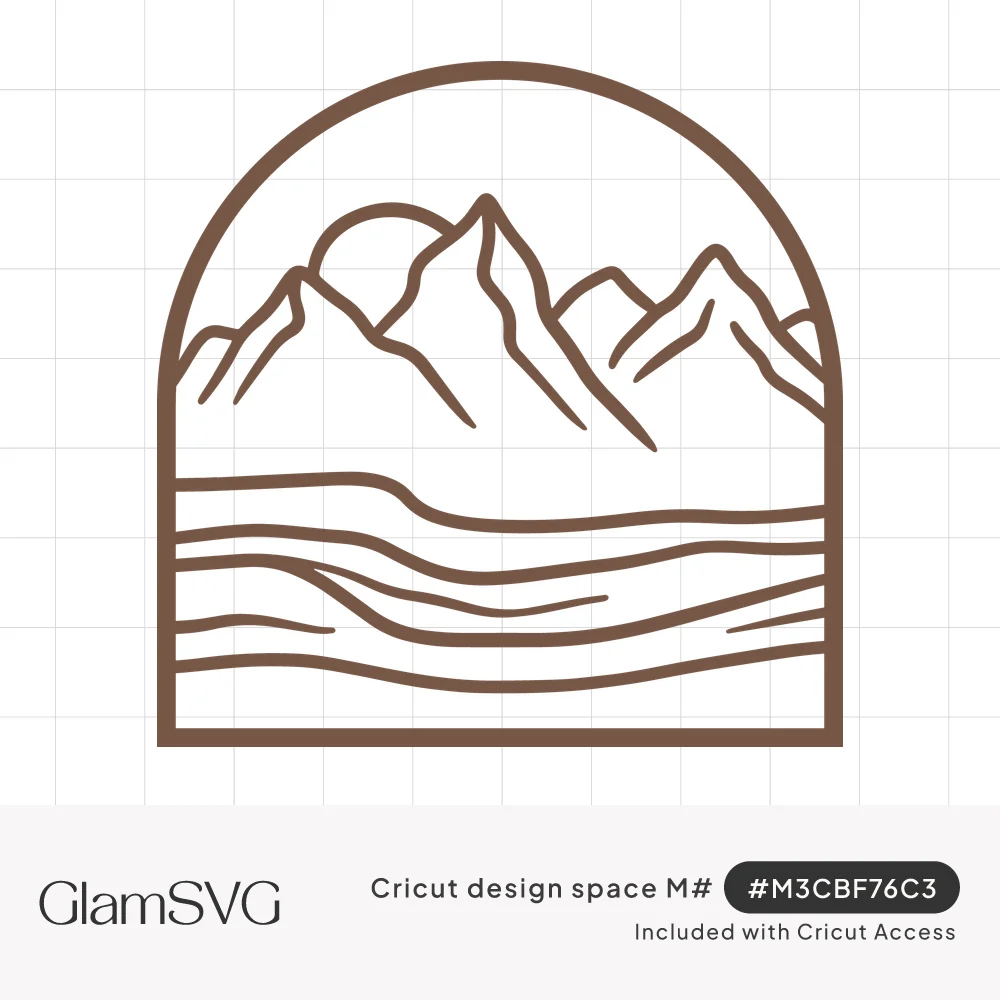 Brown line drawing of mountain peaks and a sun above wavy lake water, framed inside a rounded arch shape
