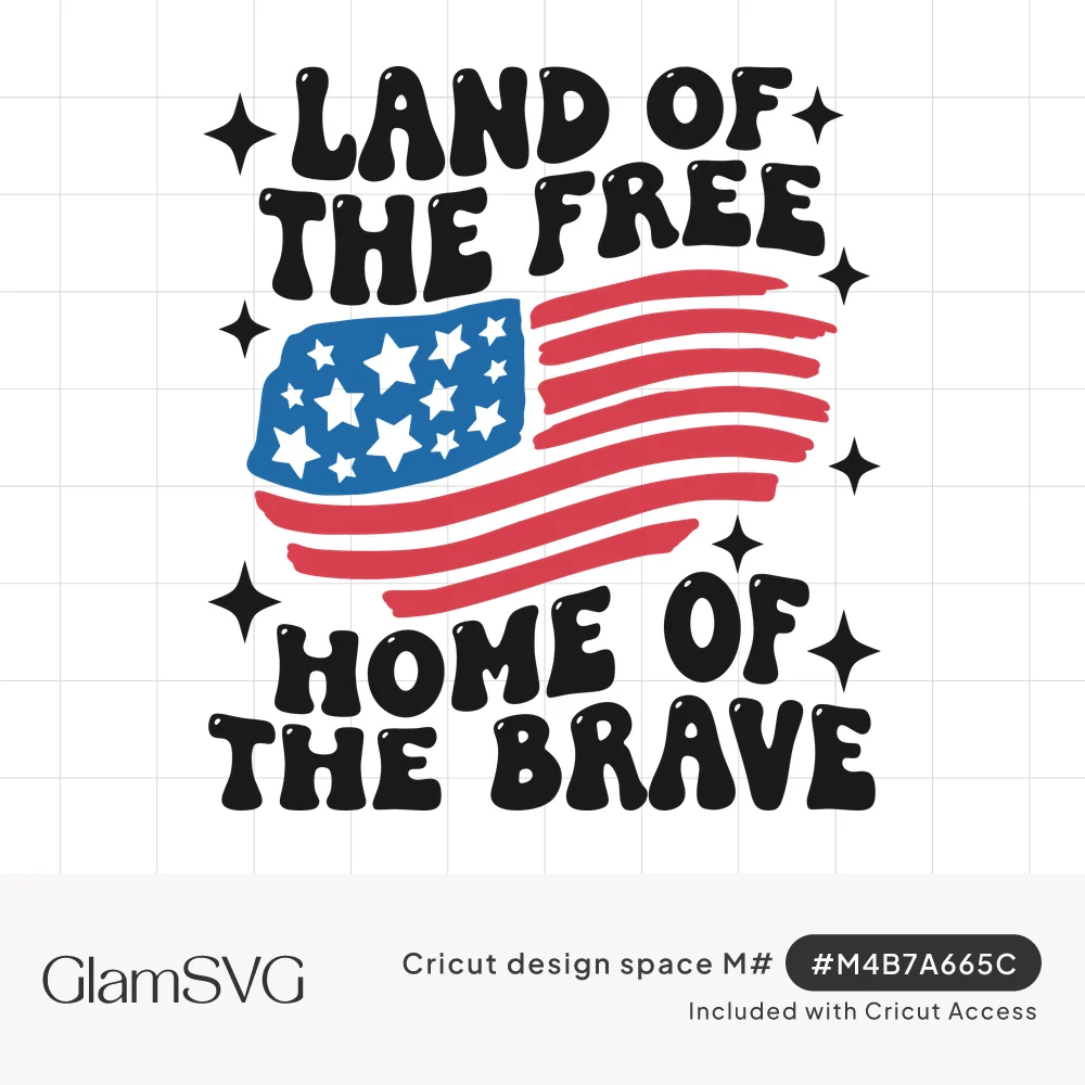 Retro black lettering reading Land of the Free Home of the Brave around a painted red, white and blue American flag with spar