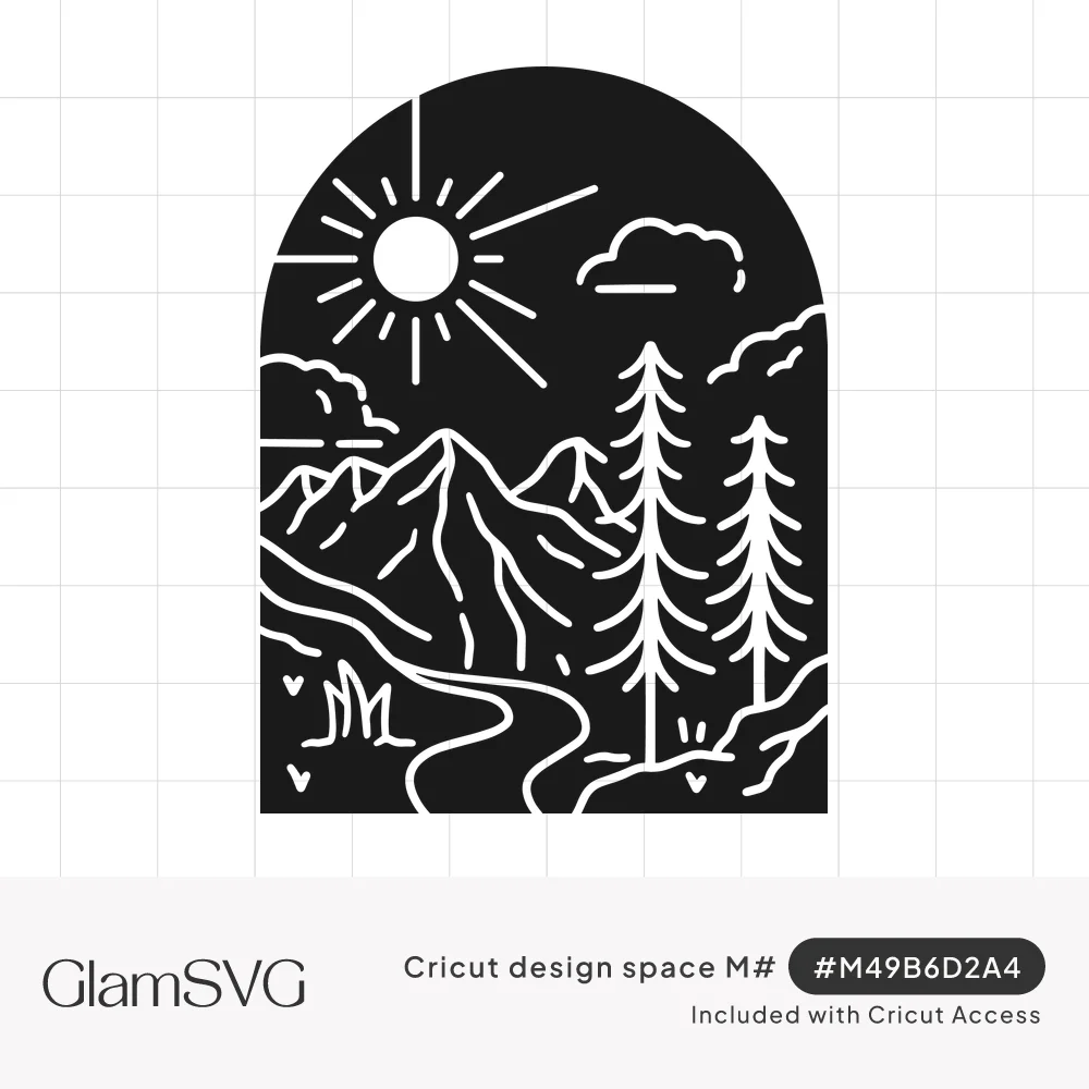 Black arch-shaped design with white line art of a sun, clouds, mountains, pine trees and a winding river