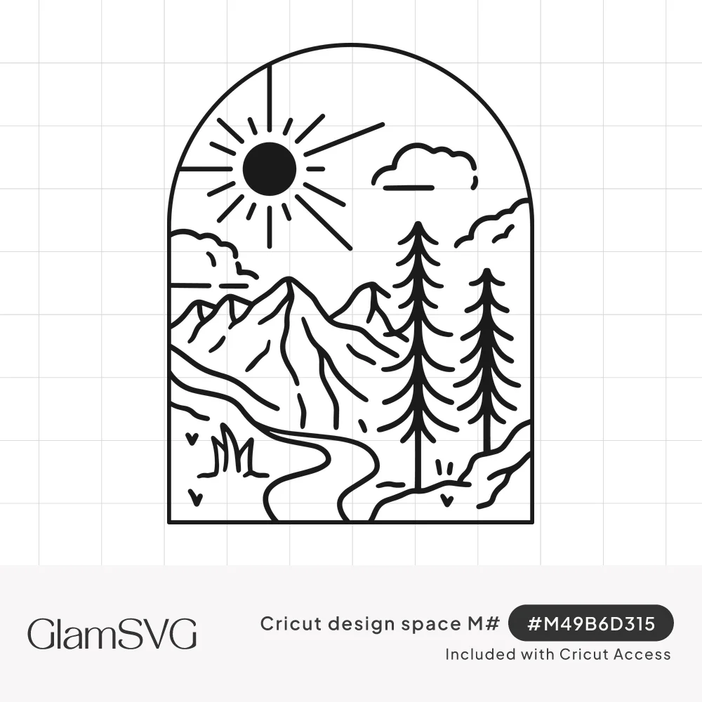 Black line art arch showing mountains, a winding river, two pine trees, clouds and a sun with rays