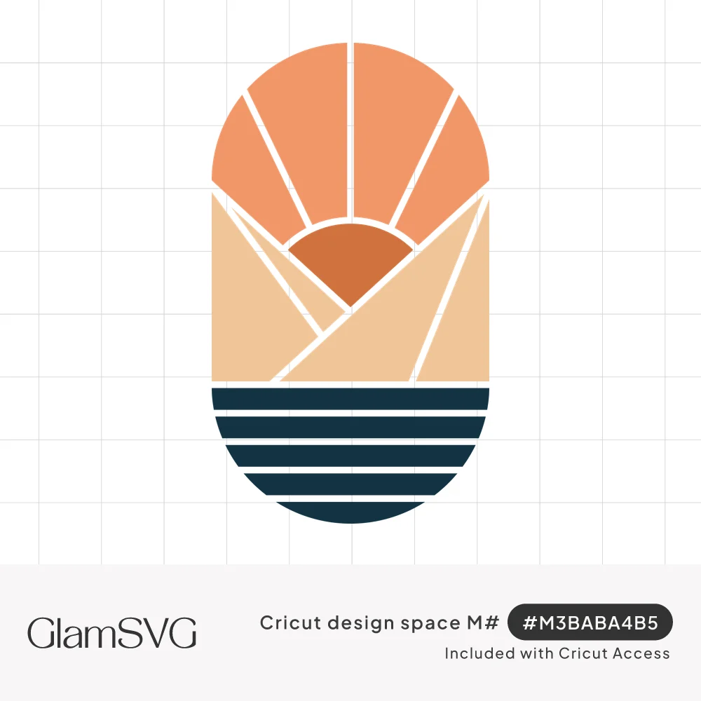 Rounded arch badge with a geometric orange sun and rays over peach mountains and navy striped water