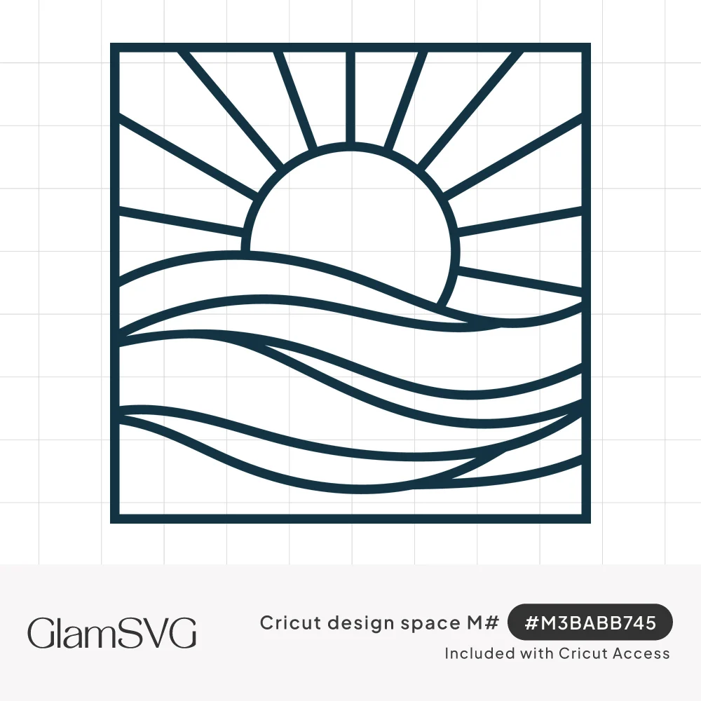 Line art of a half sun with rays rising over layered ocean waves, enclosed in a square border