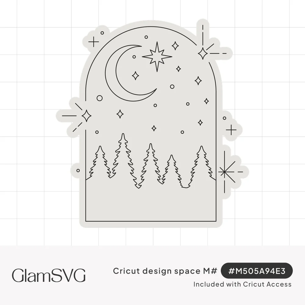 Line art arch window with crescent moon, stars and pine tree forest, with sparkles extending past the frame
