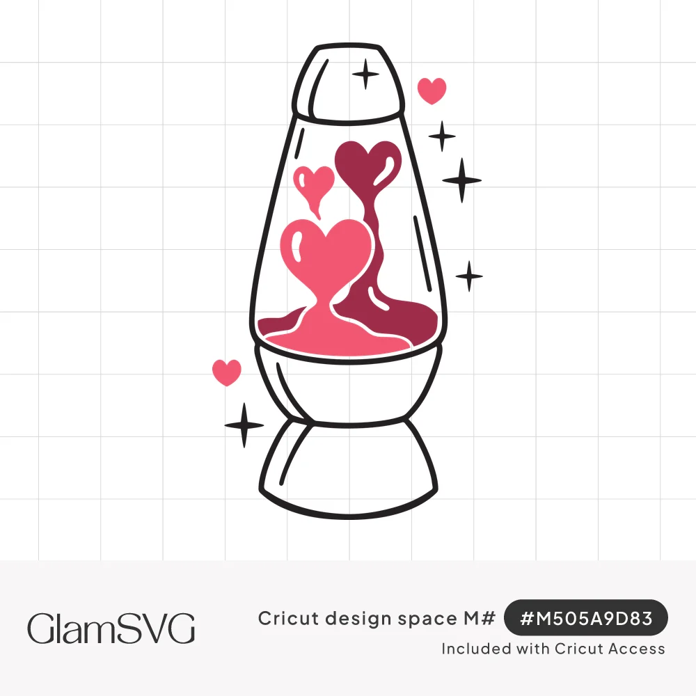 Outlined retro lava lamp with pink and berry heart-shaped lava blobs, surrounded by small hearts and sparkles