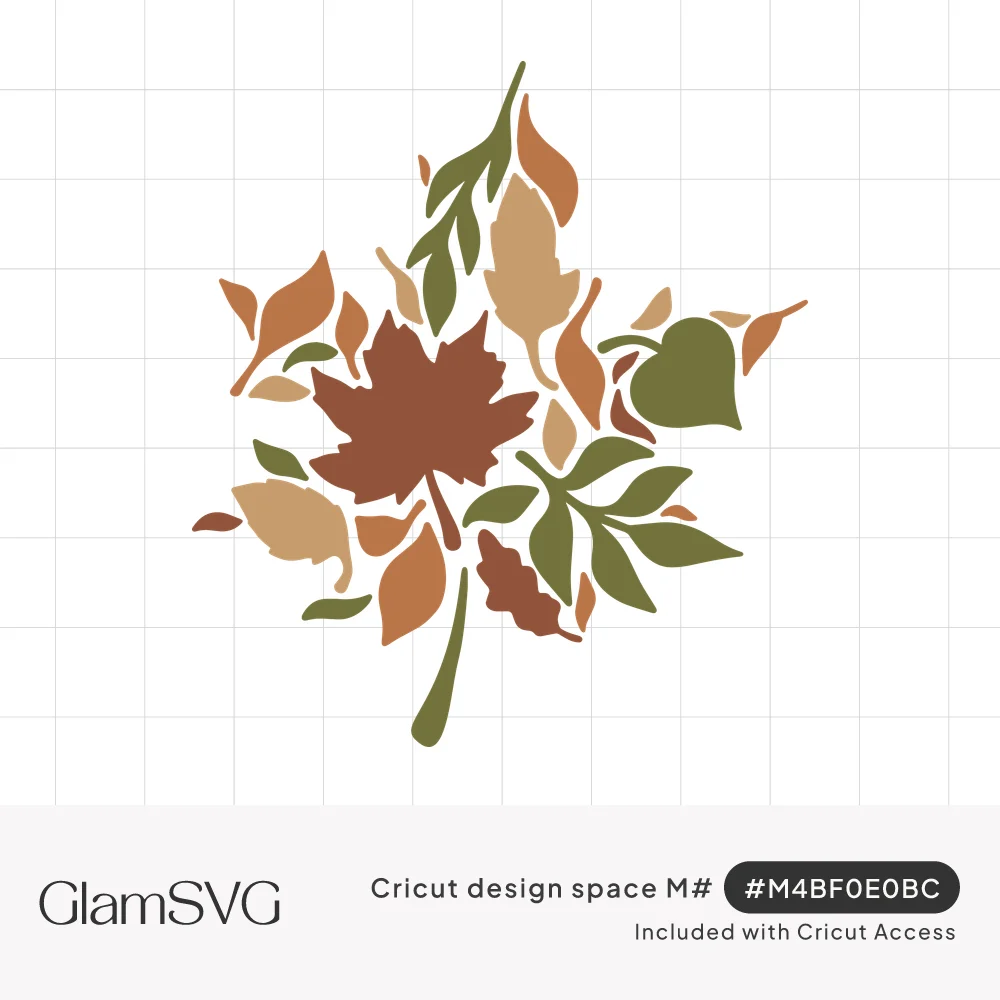 Cluster of rust, tan, brown, and olive green fall leaves arranged into the shape of a large maple leaf with a stem