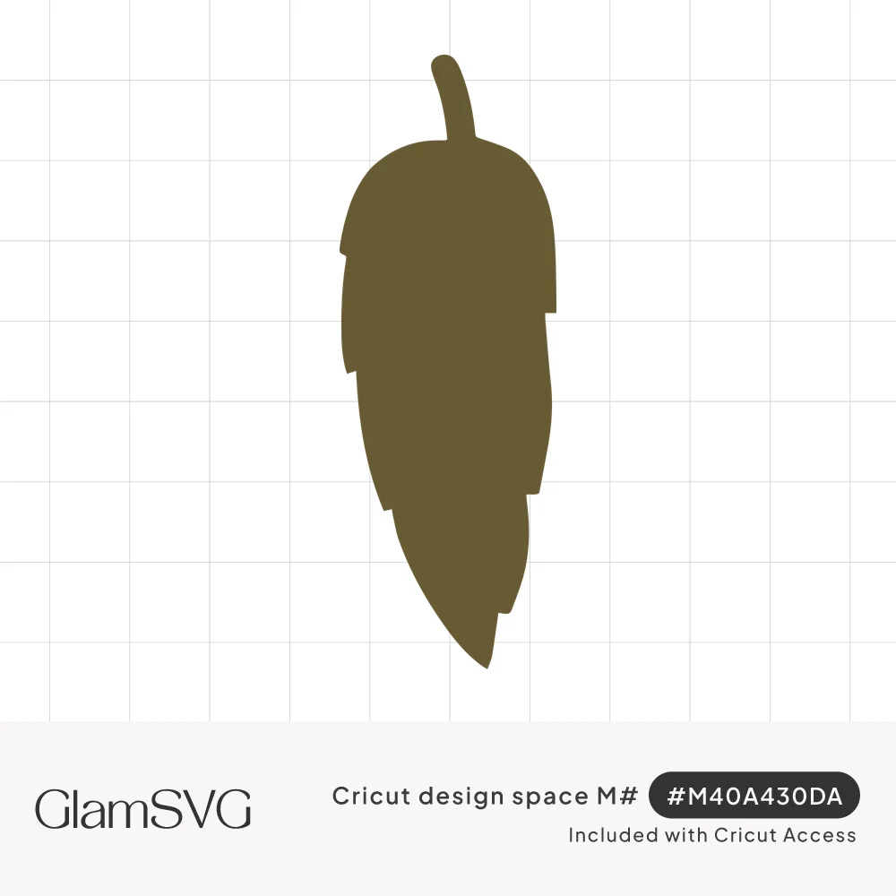 Solid olive green leaf silhouette with a curved stem and notched, feather-like edges tapering to a point