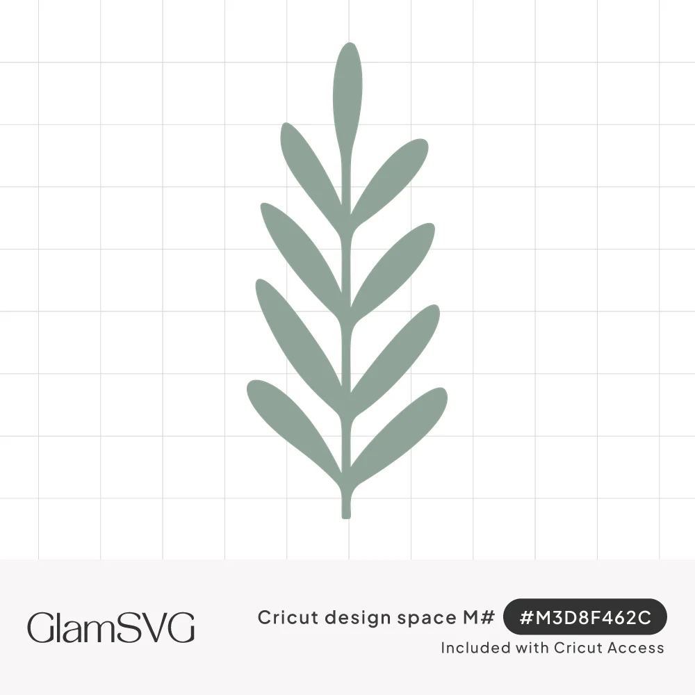 Sage green silhouette of an upright leafy branch with paired oval leaves along a thin central stem