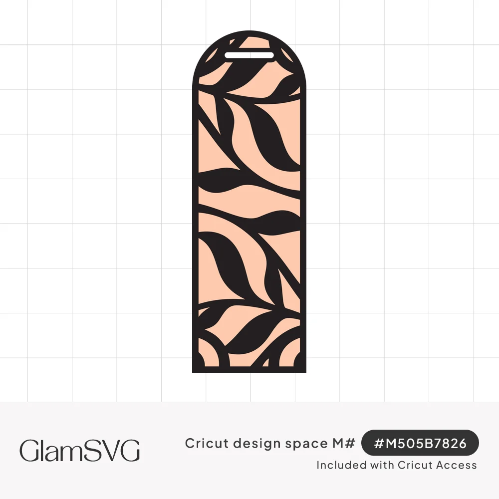 Arched bookmark with a tassel slot, filled with black cut-out leafy branches over a peach background