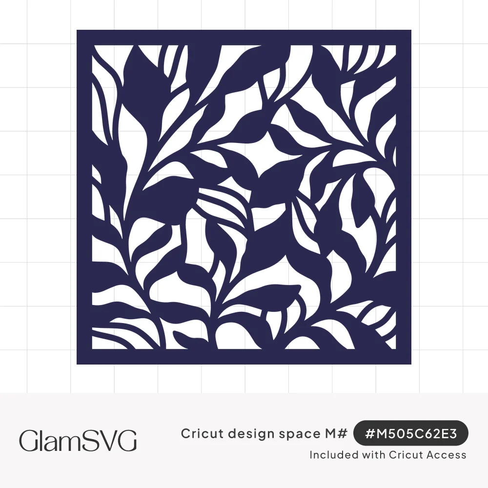 Navy square cutout panel filled with overlapping leafy branches in negative space, framed by a solid border