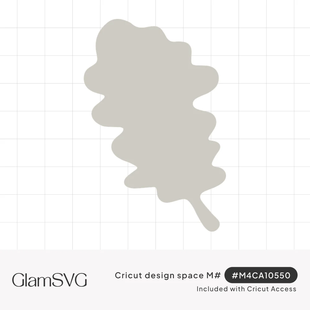 Solid gray oak leaf silhouette with wavy rounded lobes and a short curved stem, set at a slight tilt