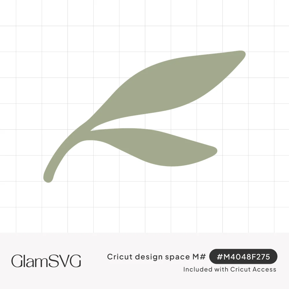 Sage green silhouette of a curved stem with two slender pointed leaves on a white background