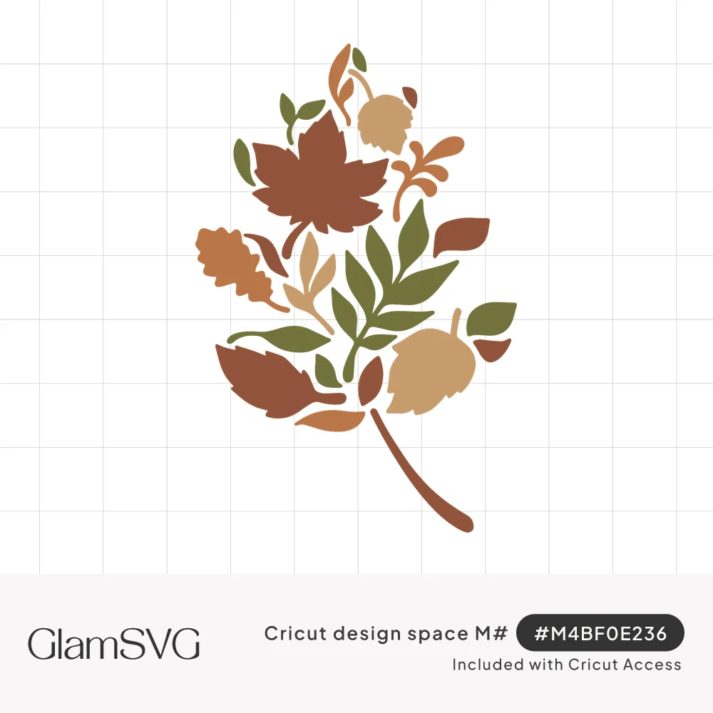 Cluster of autumn leaves in rust, tan and olive green, including maple and oak shapes, arranged on one curved stem