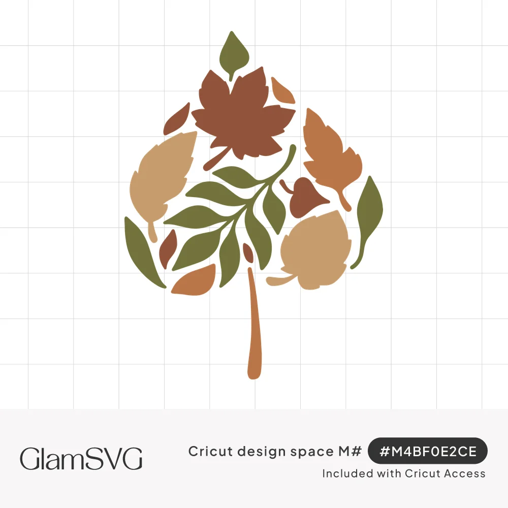 Leaf silhouette made of smaller maple, oak, birch and fern leaves in rust, gold, brown and green fall colors