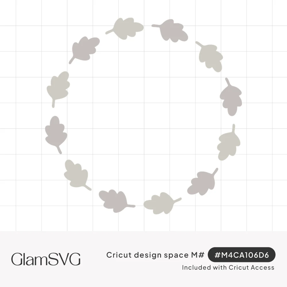 Circle frame of twelve small oak leaves in soft taupe and sage green around an empty center