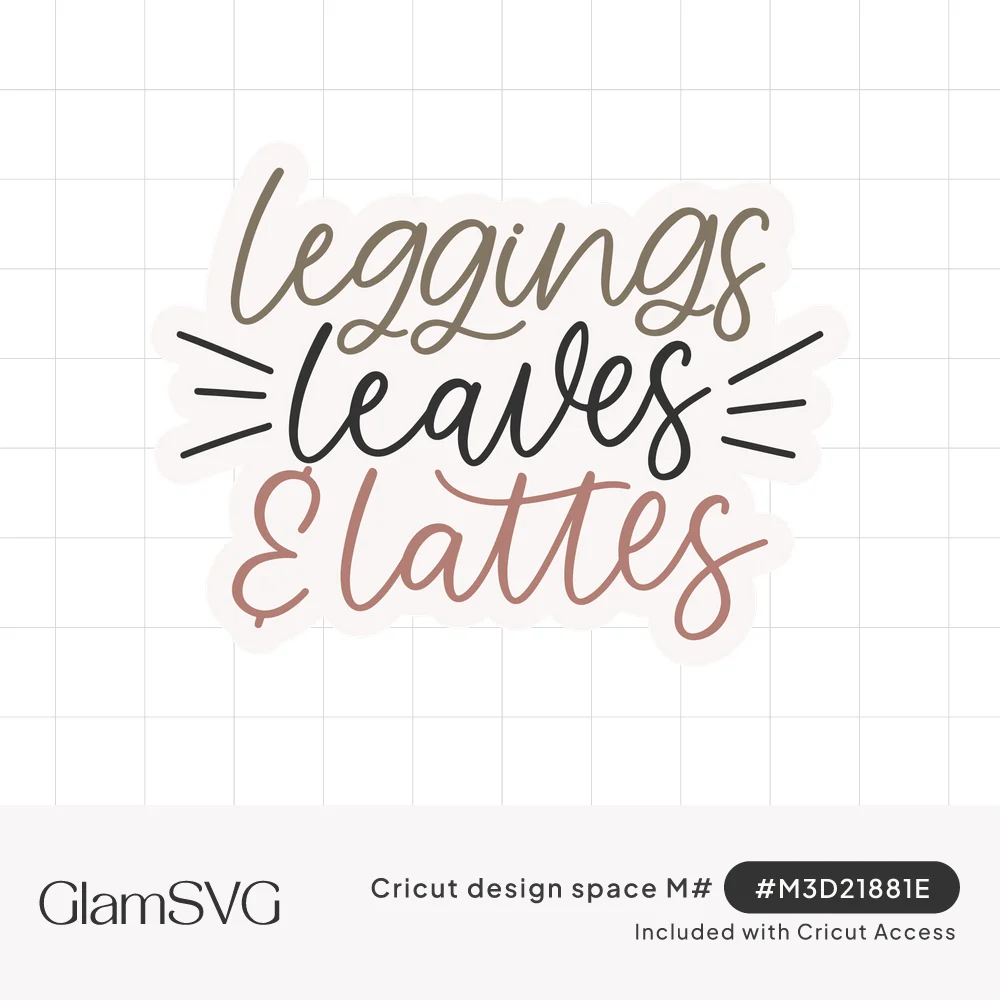 Script lettering reading leggings leaves & lattes in taupe, black and dusty rose with small accent lines