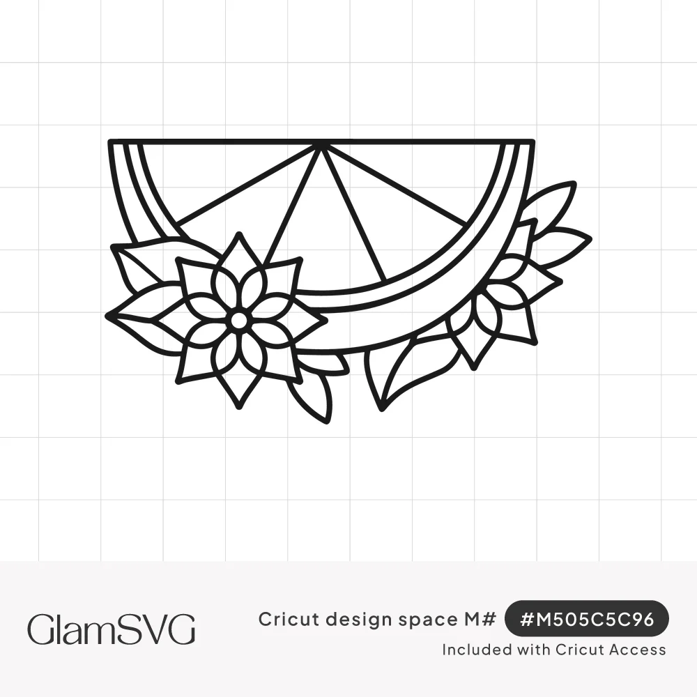 Black line art of a half lemon slice with segmented wedges, framed by star-shaped flowers and leaves along the rind
