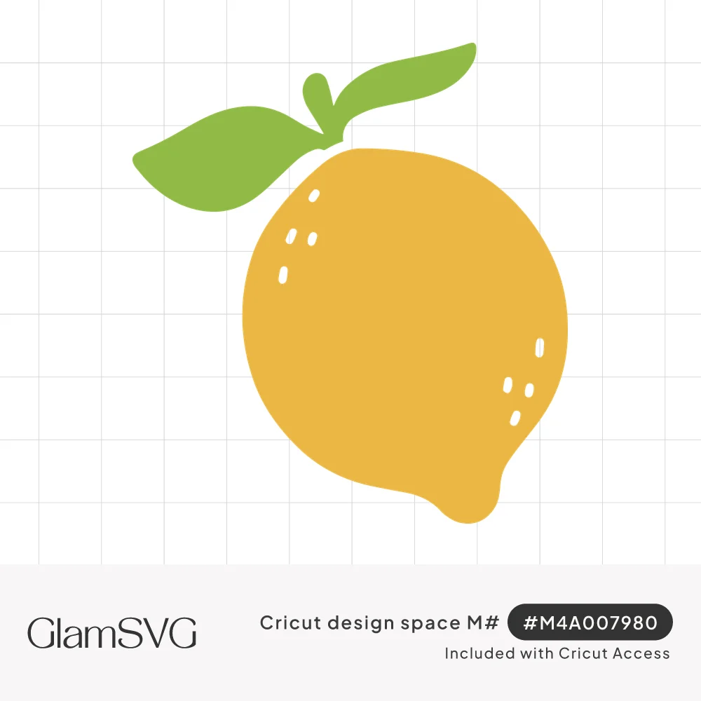 Yellow lemon illustration with two green leaves on a short stem and small white highlight dashes on the peel