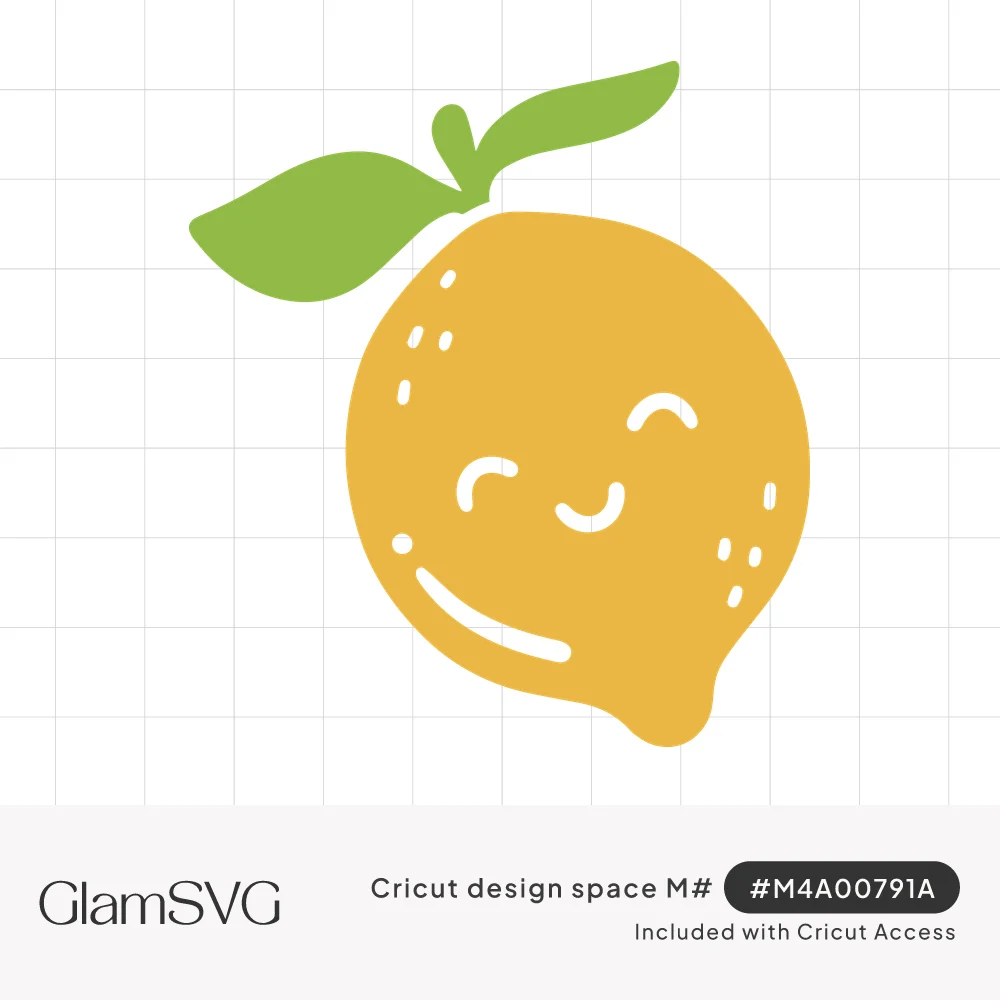Cute yellow lemon with closed smiling eyes, a happy grin, white highlight marks and a green leaf on top