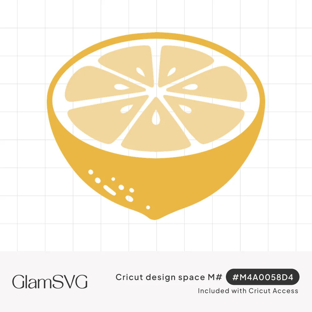 Yellow illustration of a halved lemon showing pale wedge segments, small white seeds and a speckled peel