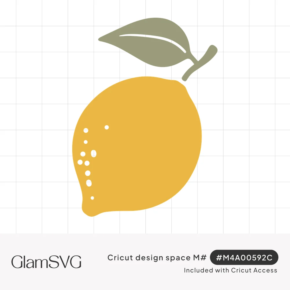 Flat yellow lemon with small white speckles and a sage green leaf on a curved stem