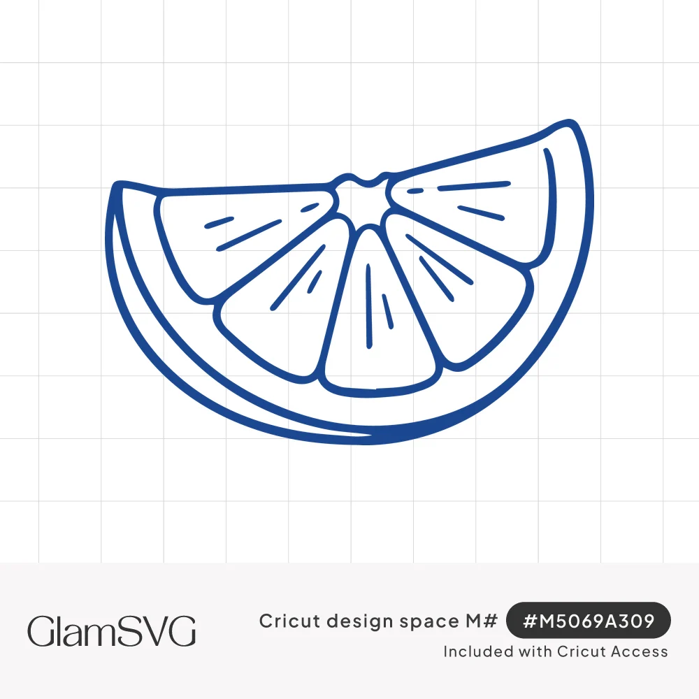 Blue outline drawing of a lemon wedge with five segments, pulp lines and a curved rind