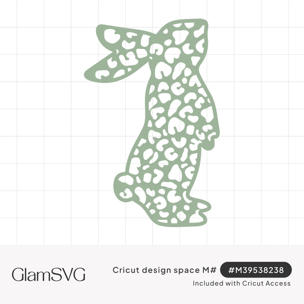Sage green standing bunny silhouette in profile filled with cut-out leopard print spots and a round cotton tail