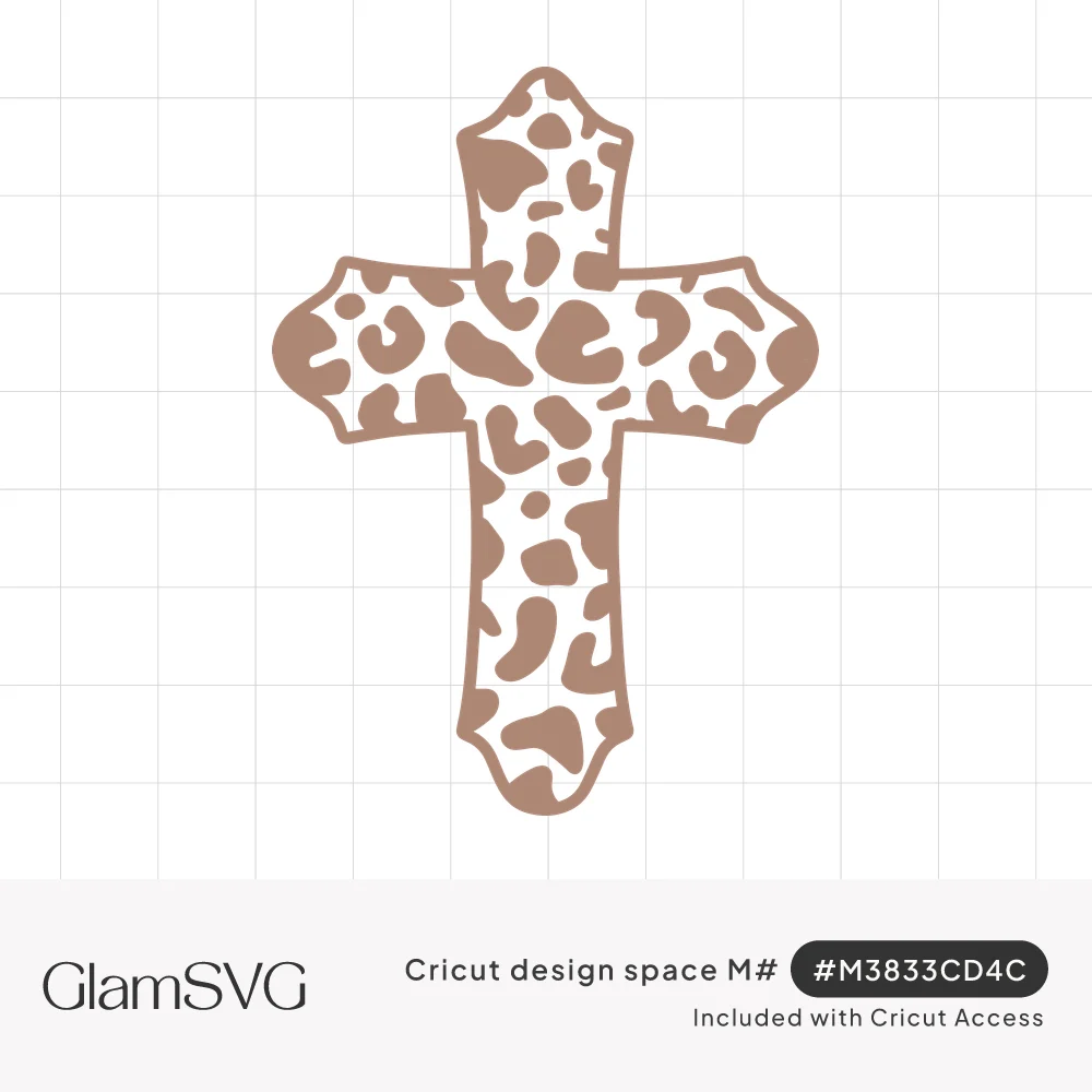 Tan cross with flared scalloped ends filled with leopard print spots inside a solid outline
