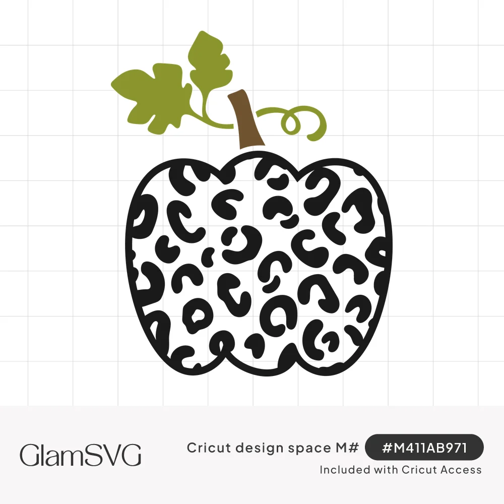 Pumpkin outlined in black and filled with leopard print spots, with a brown stem, green leaves and a curly vine
