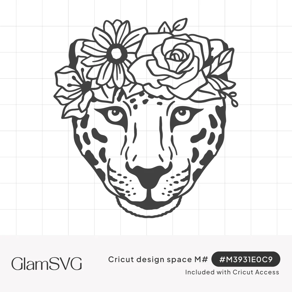Black line art leopard face with spotted fur wearing a crown of a rose, daisy and leaves