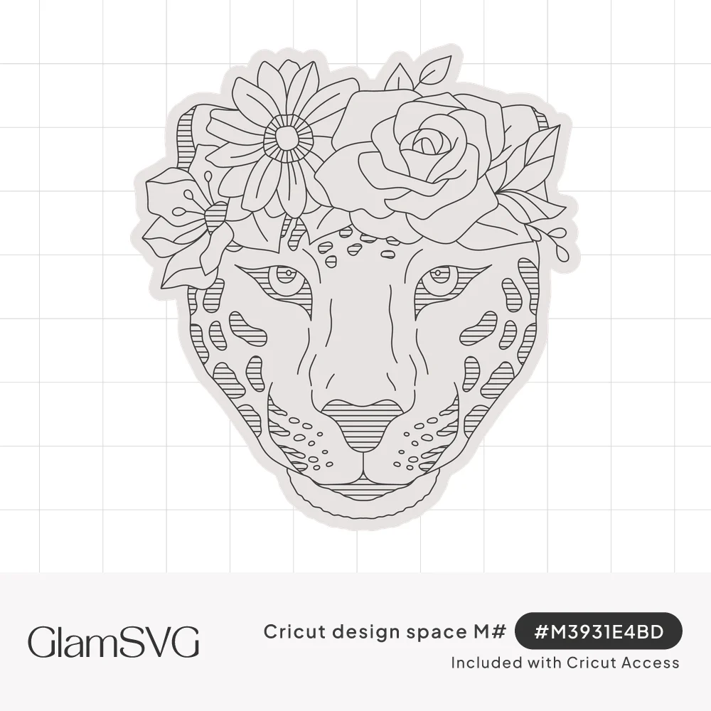 Line drawing of a leopard face with striped spots wearing a flower crown of a rose, daisy and leaves