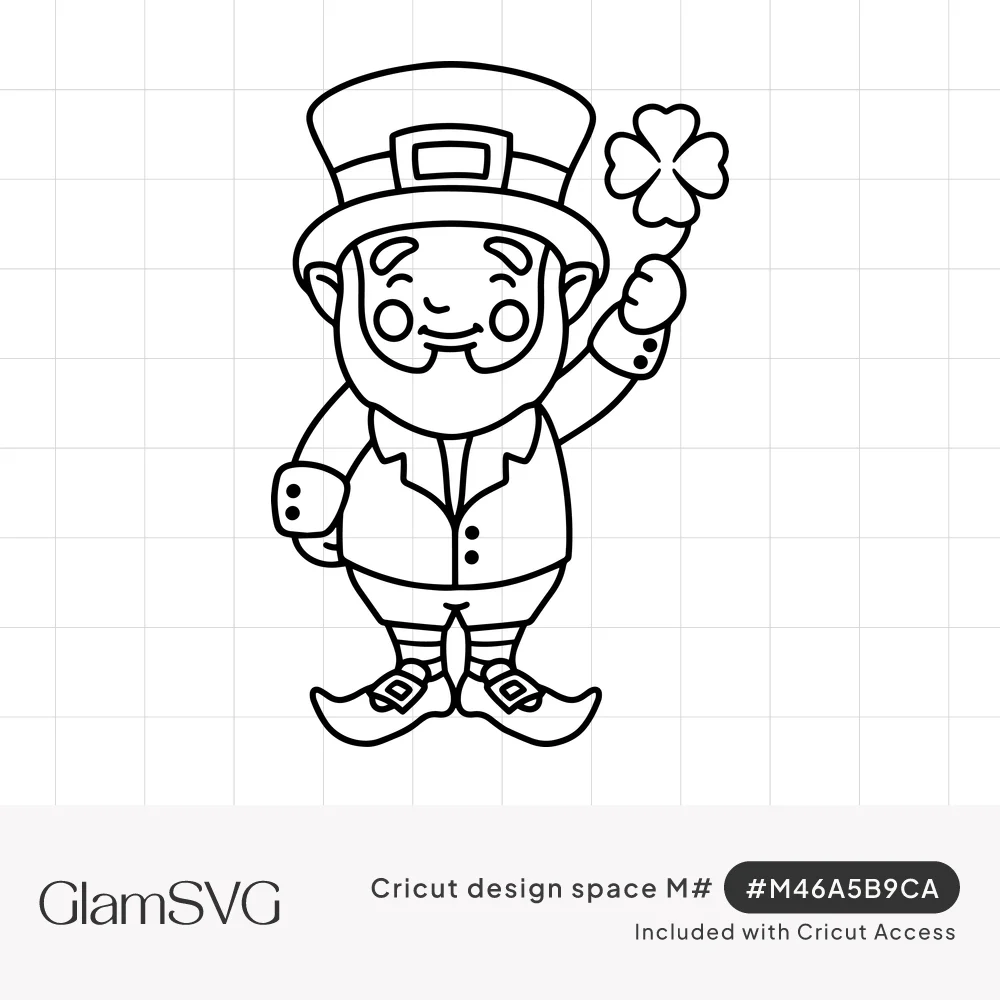 Outline drawing of a smiling leprechaun in a buckled top hat holding up a four-leaf clover, with striped socks and curled sho
