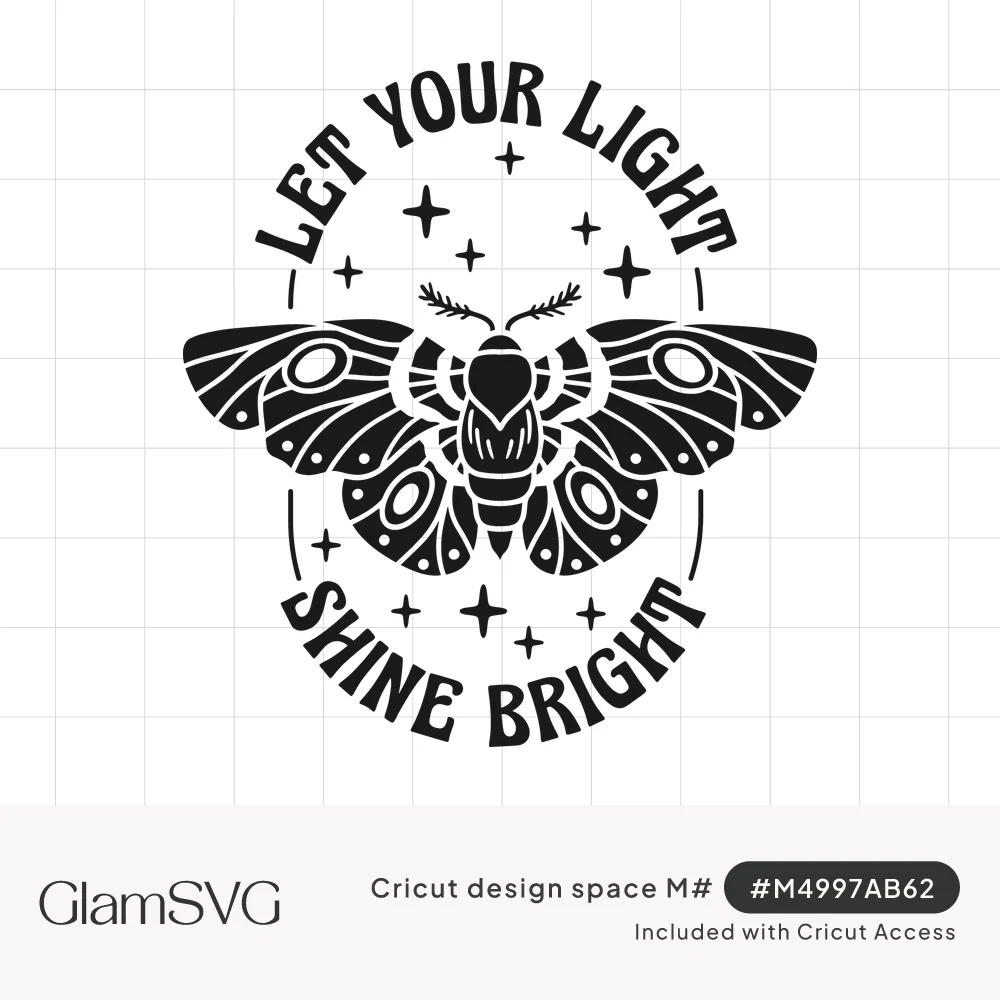 Black celestial moth with patterned wings surrounded by stars, with Let Your Light Shine Bright lettering arched around it