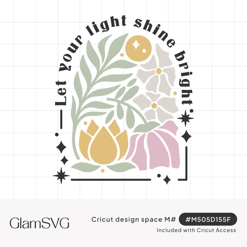 Boho arch of fern, lotus, white flowers and pink coneflower under a sun, ringed by Let your light shine bright text