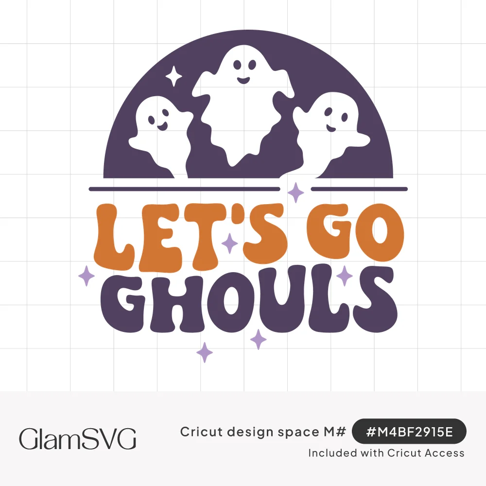 Three smiling white ghosts in a purple half-circle with stars above orange and purple retro text reading Let's Go Ghouls