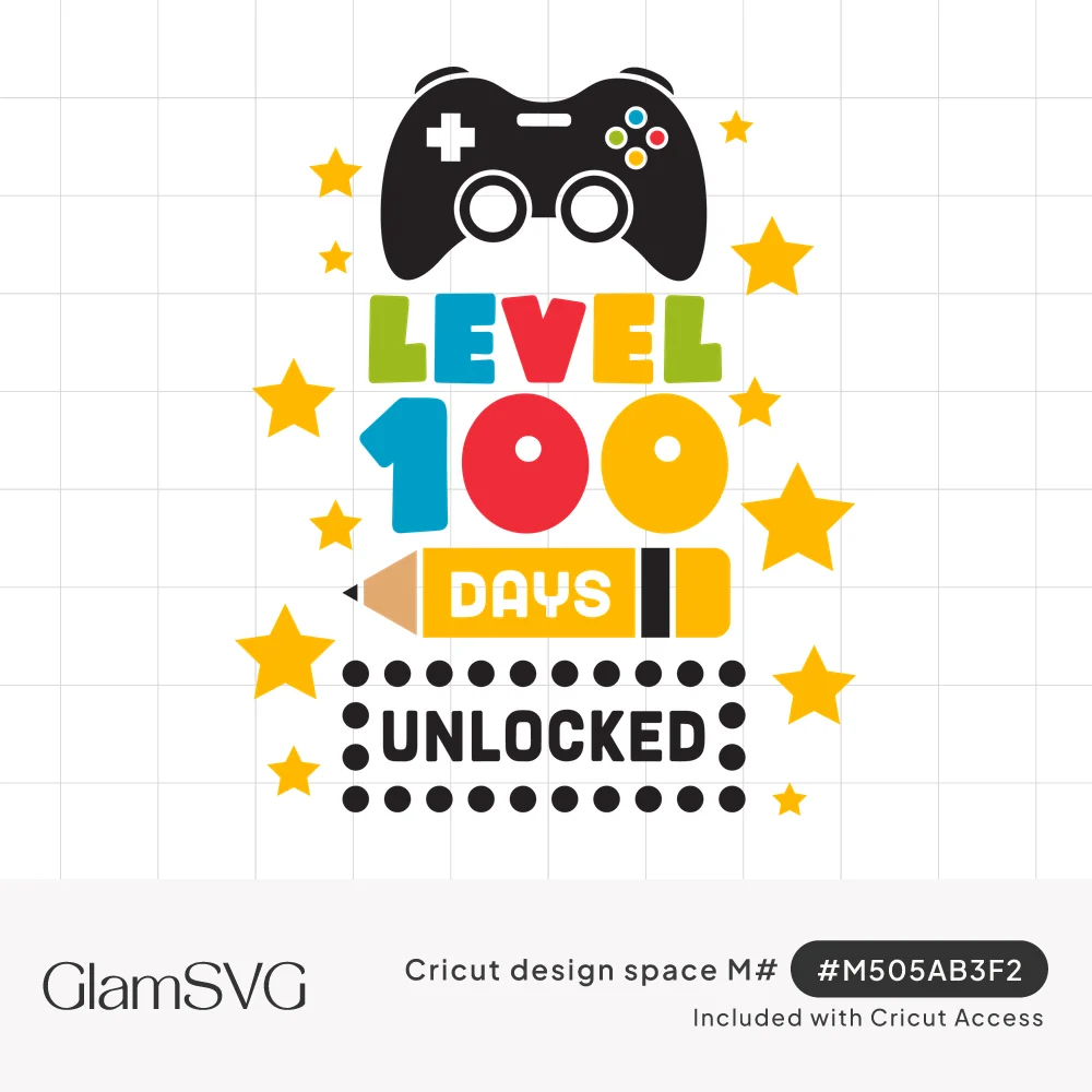 Game controller above colorful Level 100 lettering, Days on a yellow pencil, and Unlocked framed in dots with yellow stars
