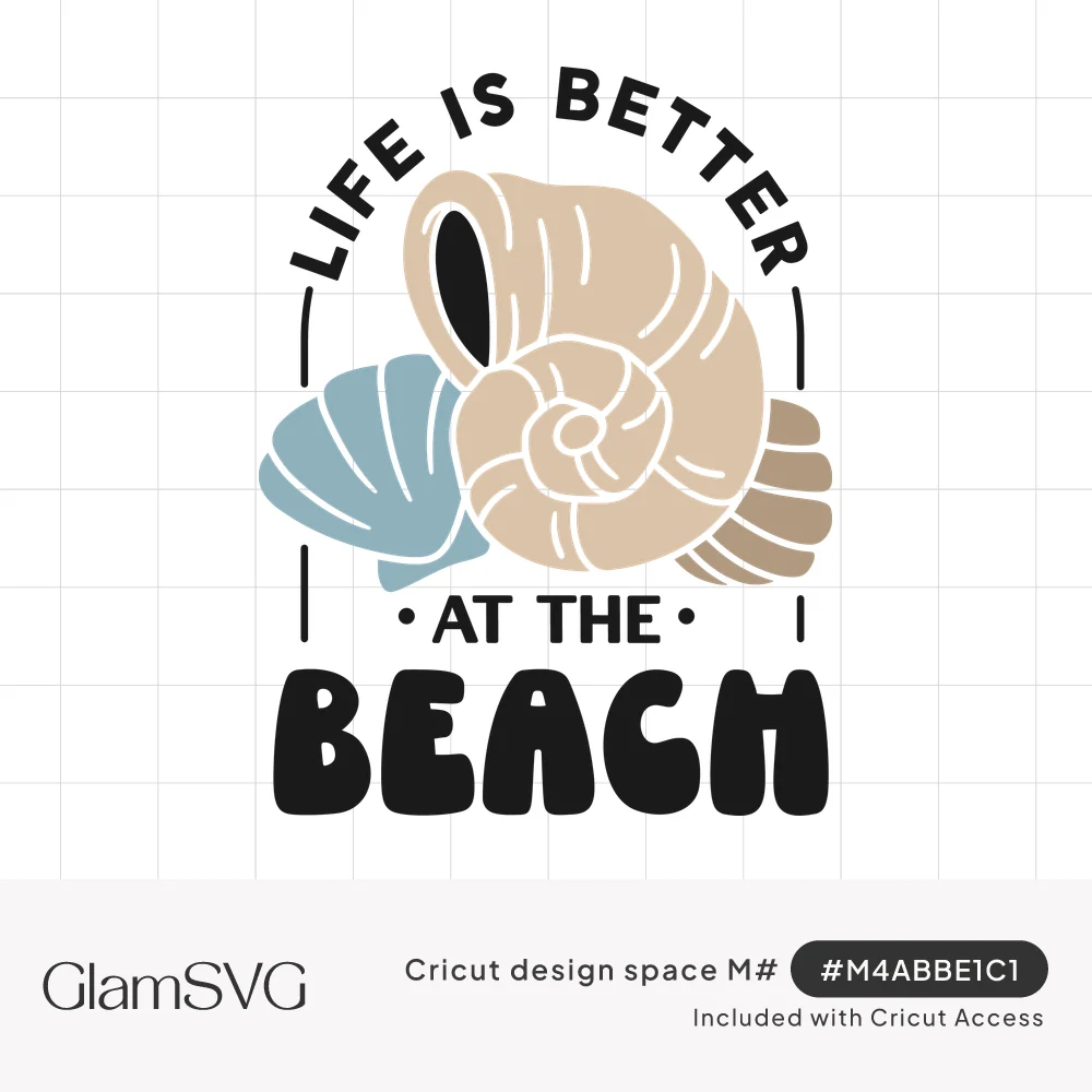 Spiral seashell, blue scallop and tan shell with arched black text reading Life Is Better at the Beach