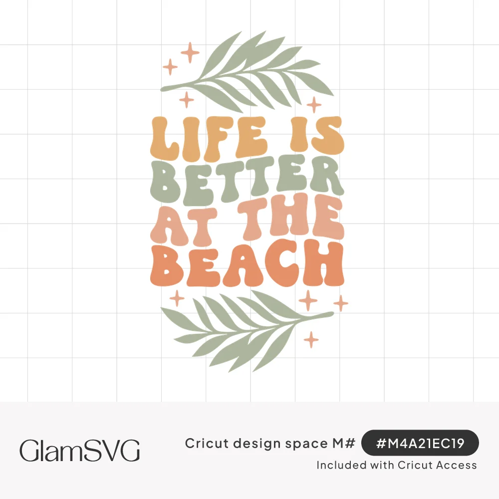 Groovy retro lettering reading Life Is Better at the Beach in pastel tones between two palm fronds with small sparkles