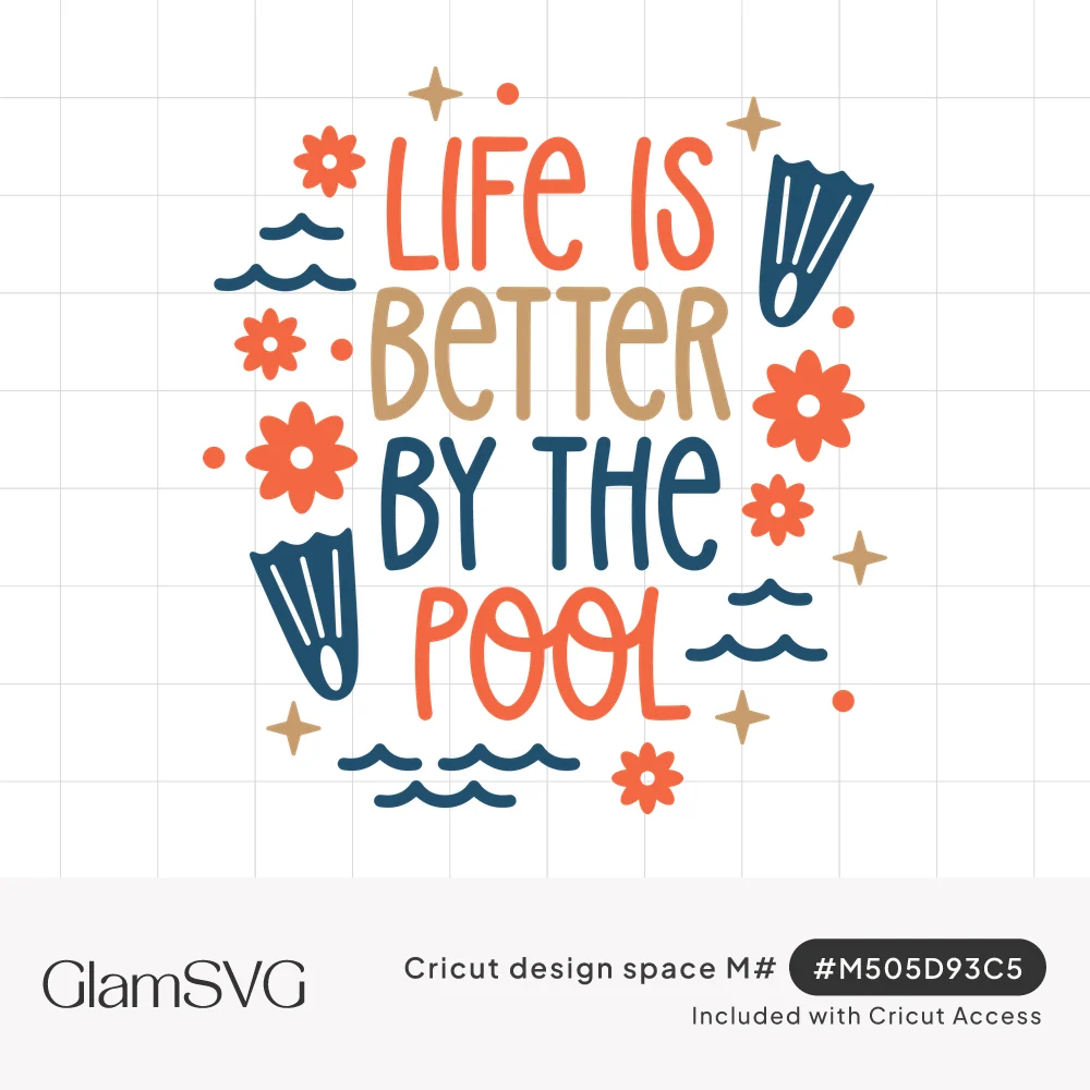 Hand-lettered Life Is Better by the Pool quote with swim fins, waves, coral flowers and sparkles in coral, tan and navy