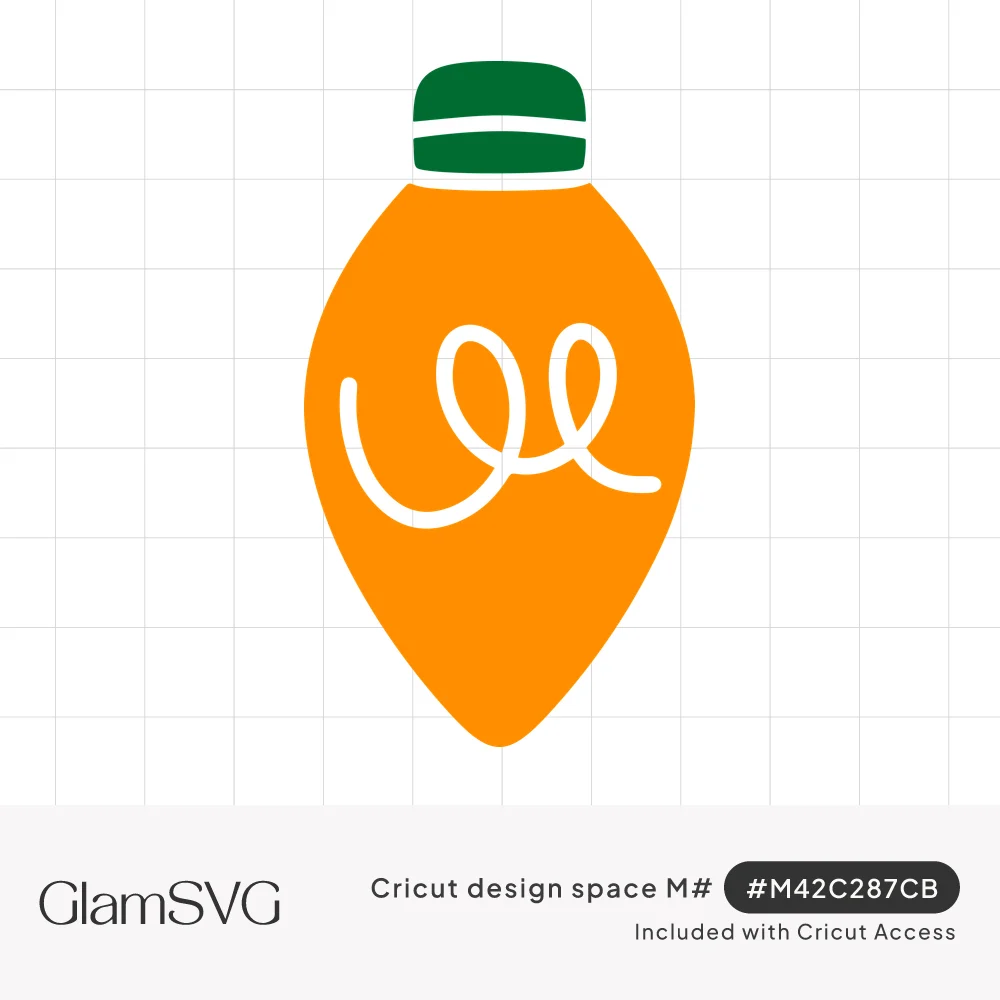 Orange retro Christmas light bulb with a green cap and a curly white filament line inside