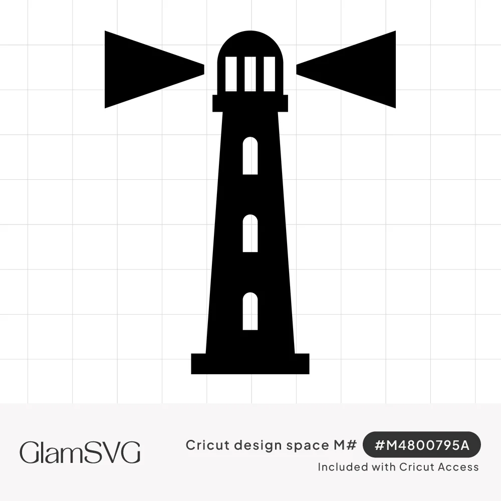 Black silhouette of a lighthouse with arched windows and two triangular light beams shining from the top