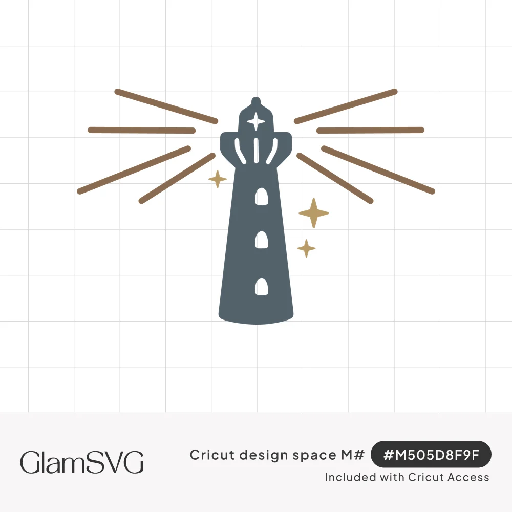 Slate gray lighthouse silhouette with arched windows, golden light beams and small gold sparkle stars