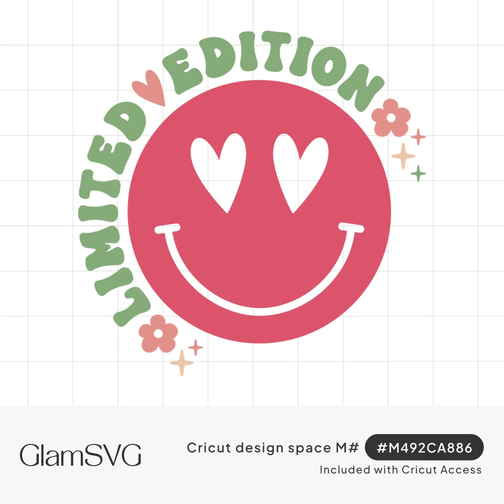 Pink smiley face with white heart eyes under curved green "Limited Edition" text, with pink daisies and sparkles
