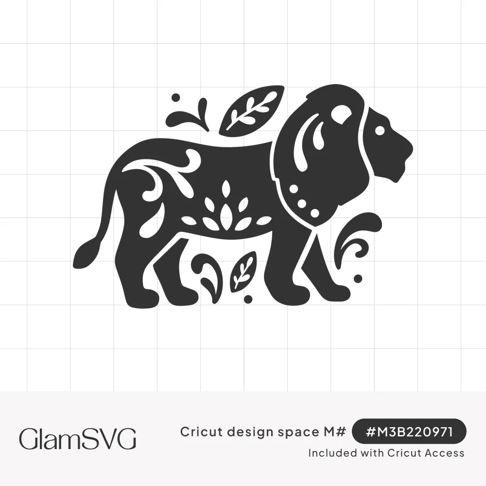 Black silhouette of a walking lion decorated with cutout swirls, dots, and leaves, surrounded by small leaf flourishes