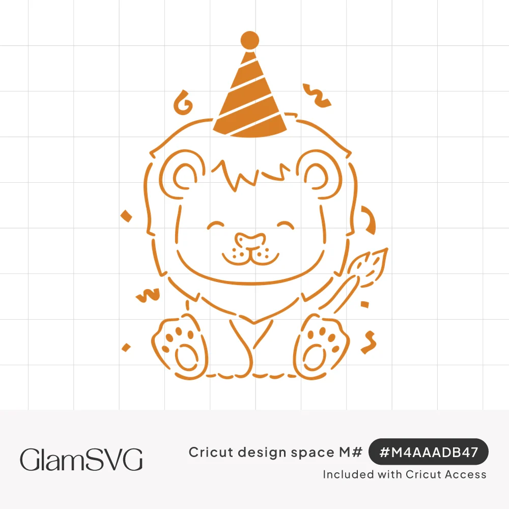 Line art of a smiling baby lion sitting in a striped party hat surrounded by confetti, in orange.
