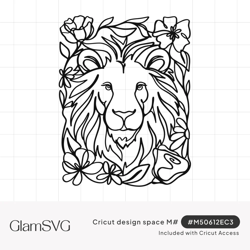 Black line art of a lion face with a flowing mane, surrounded by roses, flowers and leaves in a rectangular layout